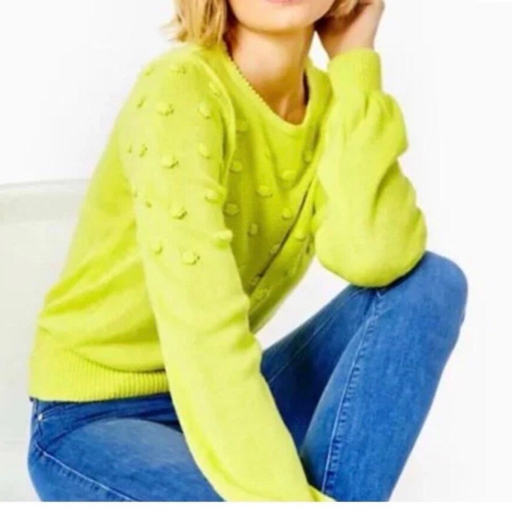 EUC Lilly Pulitzer Vibrant Lime Green Pom Pom Sweater size Large puff sleeves.